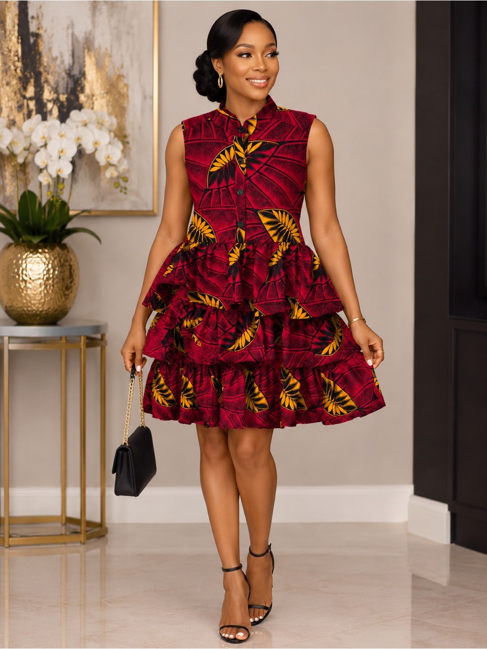 Red Yellow Ruffle Tiered Dress